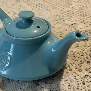 Aqua Blue Ceramic Teapot Vintage Cottagecore Coastal Chic Curved Pottery